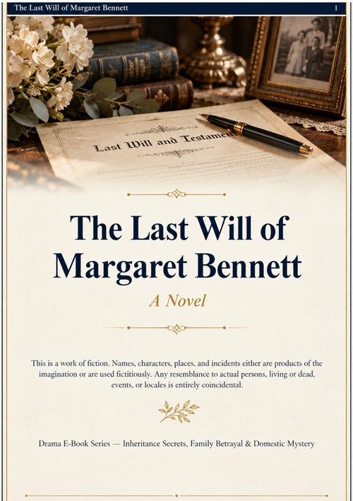 The Last Will of Margaret Bennett illustrated family drama e-book cover featuring a last will and testament, antique books, white flowers, and a framed family photograph.
