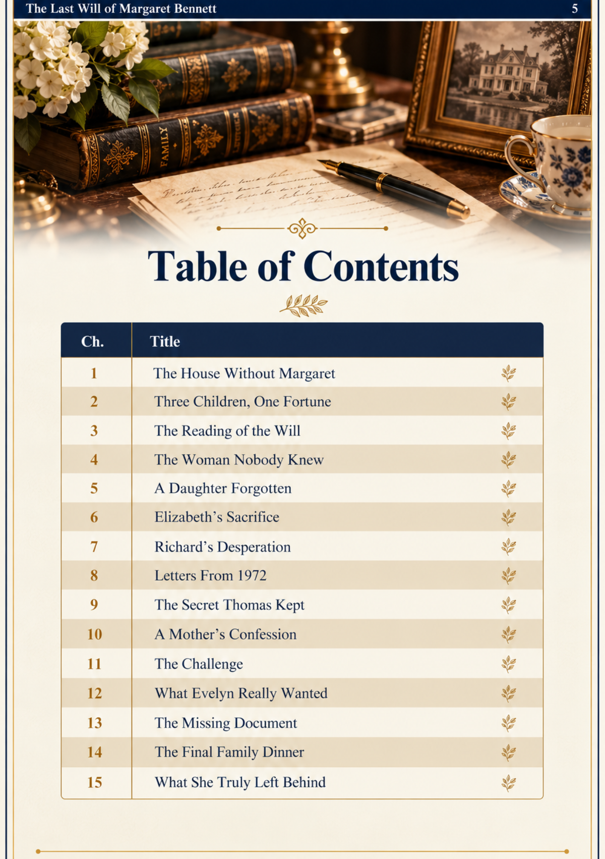 The Last Will of Margaret Bennett illustrated family drama e-book cover featuring a last will and testament, antique books, white flowers, and a framed family photograph.