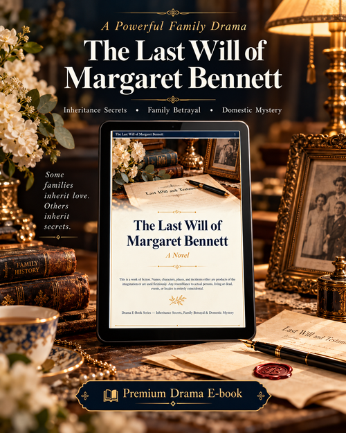 The Last Will of Margaret Bennett illustrated family drama e-book cover featuring a last will and testament, antique books, white flowers, and a framed family photograph.